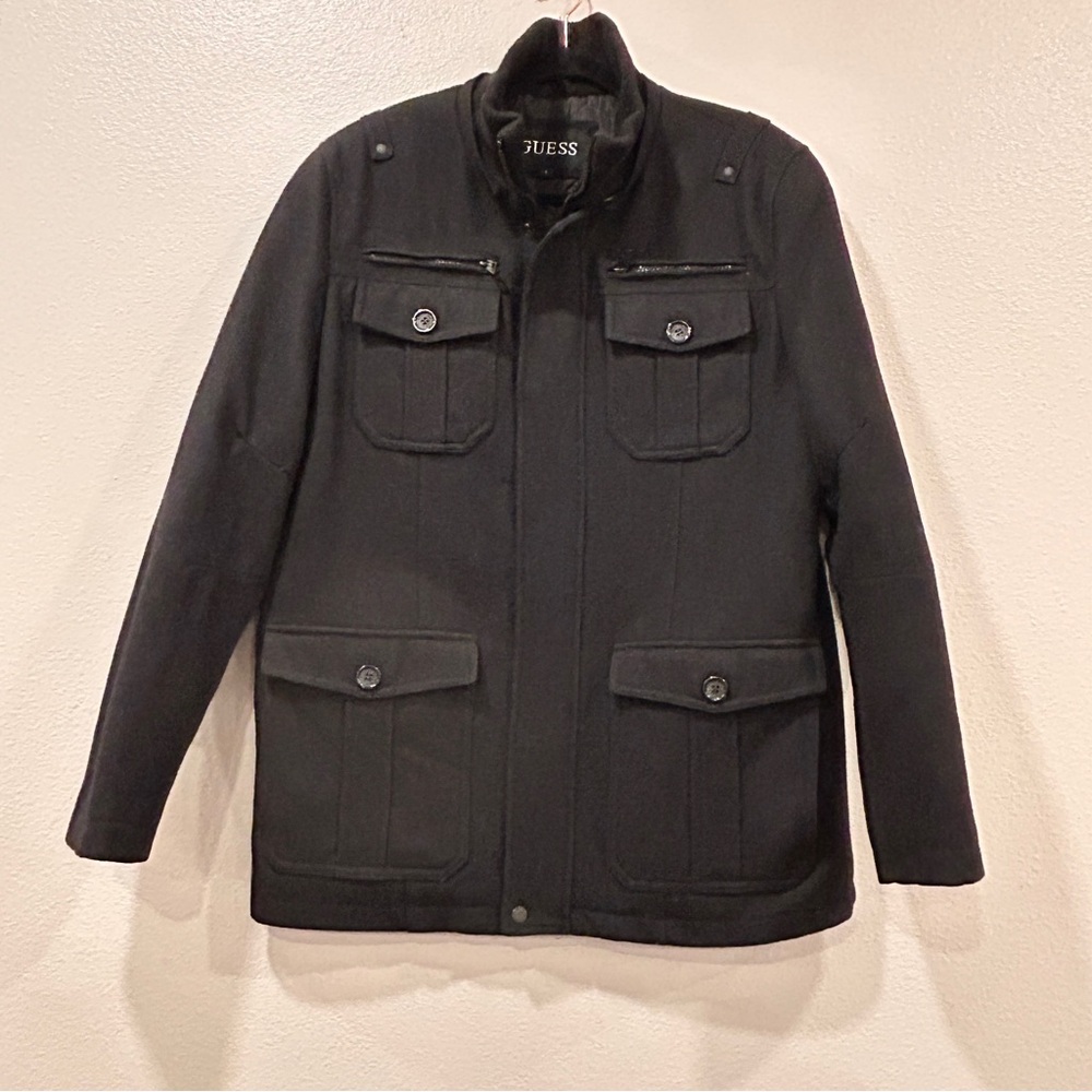 Guess Black Military Style Wool Blend Jacket Full Zip Snap Men's Size Large